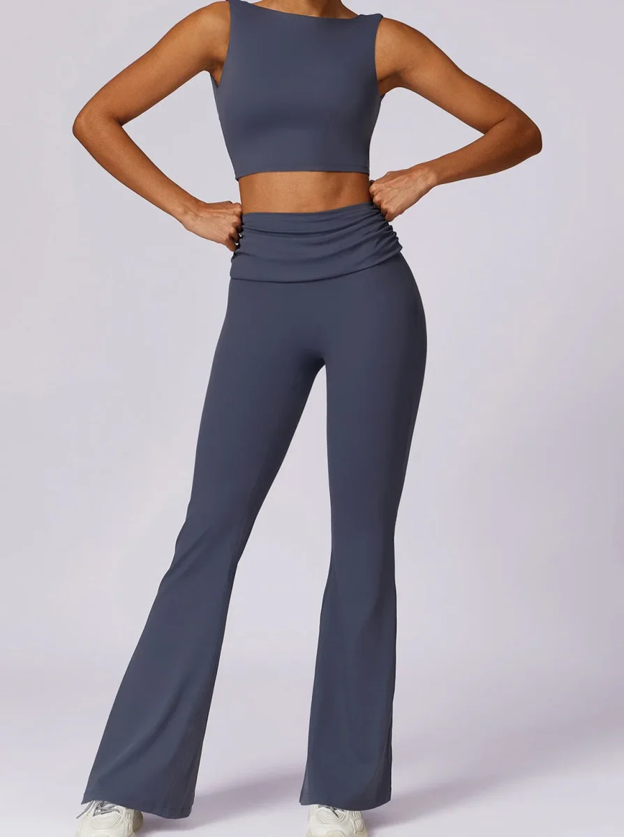Amira | Donkerblauwe High-Waist Flare Leggings met Vouwband - Afbeelding 6